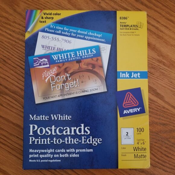 Avery Postcards Matte White 100 Count 4x6" Inkjet Heavyweight Print to Edge 8386 - Picture 1 of 2